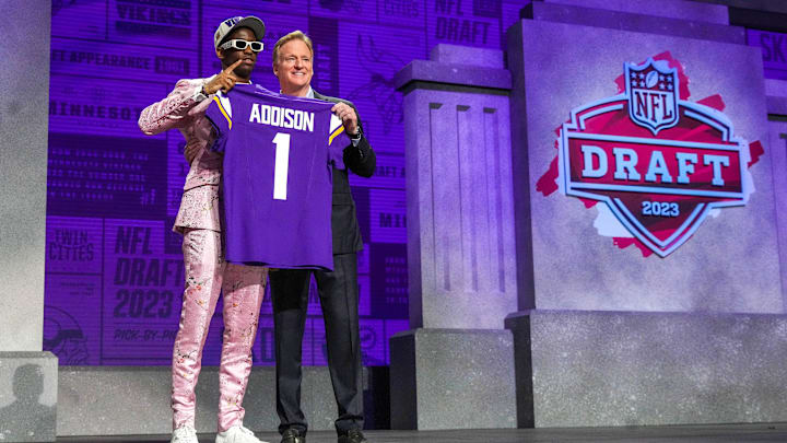 Apr 27, 2023; Kansas City, MO, USA; USC wide receiver Jordan Addison with NFL commissioner Roger Goodell after being selected by the Minnesota Vikings twenty third overall in the first round of the 2023 NFL Draft at Union Station. Mandatory Credit: Kirby Lee-Imagn Images