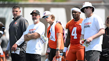 Aug 4, 2024; Cleveland Browns advisor Mike Vrabel and head coach Kevin Stefanski and quarterback Deshaun Watson (4) and offensive coordinator Ken Dorsey during practice at the Browns training facility in Berea, Ohio.