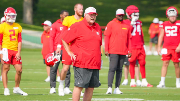 Jul 22, 2024; St. Joseph, MO, USA; Kansas City Chiefs head coach Andy Reid looks on during training camp at Missouri Western State University. Mandatory Credit: Denny Medley-USA TODAY Sports