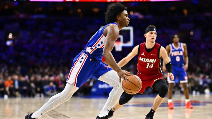 Feb 14, 2024; Philadelphia, Pennsylvania, USA; Philadelphia 76ers guard Ricky Council IV (16) drives against Miami Heat guard Tyler Herro (14) in the fourth quarter at Wells Fargo Center. Mandatory Credit: Kyle Ross-USA TODAY Sports