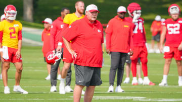 Jul 22, 2024; St. Joseph, MO, USA; Kansas City Chiefs head coach Andy Reid looks on during training camp at Missouri Western State University. Mandatory Credit: Denny Medley-USA TODAY Sports