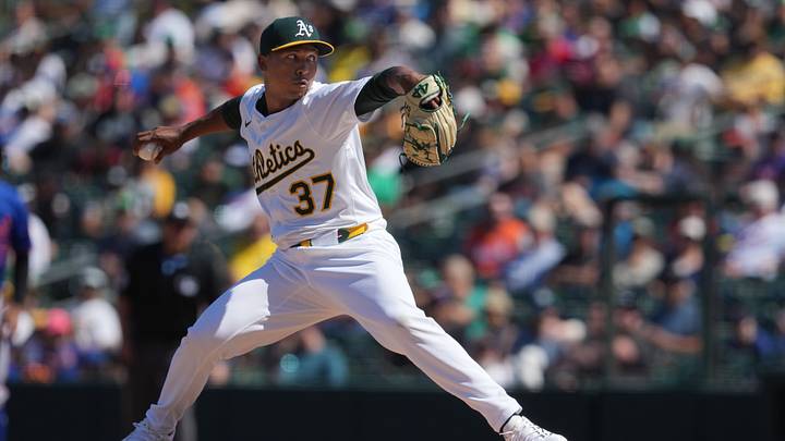 Apr 13, 2025; West Sacramento, California, USA; Athletics pitcher Jose Leclerc (37) throws a pitch against the New York Mets during the seventh inning at Sutter Health Park. Mandatory Credit: Darren Yamashita-Imagn Images