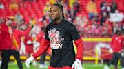 Nov 4, 2024; Kansas City, Missouri, USA; Kansas City Chiefs safety Justin Reid (20) warms up against the Tampa Bay Buccaneers prior to a game at GEHA Field at Arrowhead Stadium.