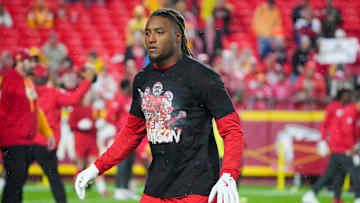 Nov 4, 2024; Kansas City, Missouri, USA; Kansas City Chiefs safety Justin Reid (20) warms up against the Tampa Bay Buccaneers prior to a game at GEHA Field at Arrowhead Stadium.