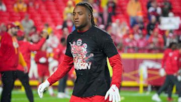 Nov 4, 2024; Kansas City, Missouri, USA; Kansas City Chiefs safety Justin Reid (20) warms up against the Tampa Bay Buccaneers prior to a game at GEHA Field at Arrowhead Stadium.