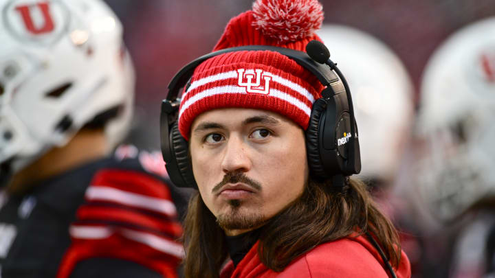 Nov 25, 2023; Salt Lake City, Utah, USA; Utah Utes quarterback Cameron Rising (7) on the sidelines against the Colorado Buffaloes at Rice-Eccles Stadium. Mandatory Credit: Christopher Creveling-USA TODAY Sports