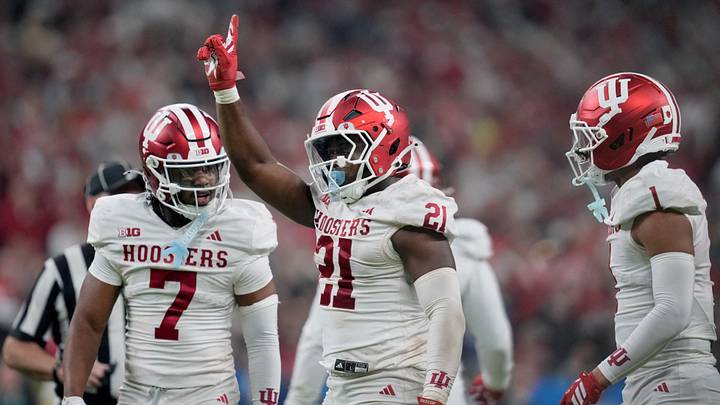 Dec 6, 2025; Indianapolis, IN, USA; Indiana Hoosiers linebacker Rolijah Hardy (21) reacts in the third quarter against the Ohio State Buckeyes during the 2025 Big Ten championship game at Lucas Oil Stadium. Mandatory Credit: Aaron Doster-Imagn Images