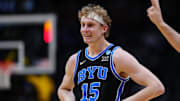Mar 22, 2025; Denver, CO, USA; Brigham Young Cougars forward Richie Saunders (15) reacts during the first half in the second round of the NCAA Tournament  at Ball Arena. Mandatory Credit: Ron Chenoy-Imagn Images