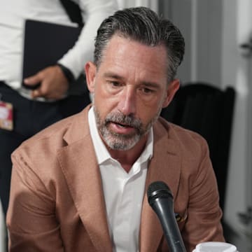Apr 1, 2025; Palm Beach, FL, USA;  San Francisco 49ers head coach Kyle Shanahan answers questions from the media during the NFL Annual League Meeting at The Breakers. Mandatory Credit: Jim Rassol-Imagn Images