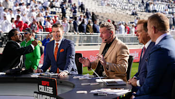 The ESPN College Gameday crew, from left, Desmond Howard, Rece Davis, Pat McAfee, Nick Saban and Kirk Herbstreit, prepares to broadcast from the field prior to the NCAA football game between the Penn State Nittany Lions and the Ohio State Buckeyes at Beaver Stadium in University Park, Pa. on Saturday, Nov. 2, 2024.