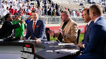 The ESPN College Gameday crew, from left, Desmond Howard, Rece Davis, Pat McAfee, Nick Saban and Kirk Herbstreit.