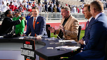 The ESPN College Gameday crew, from left, Desmond Howard, Rece Davis, Pat McAfee, Nick Saban and Kirk Herbstreit, prepares to broadcast from the field prior to the NCAA football game between the Penn State Nittany Lions and the Ohio State Buckeyes at Beaver Stadium in University Park, Pa. on Saturday, Nov. 2, 2024.
