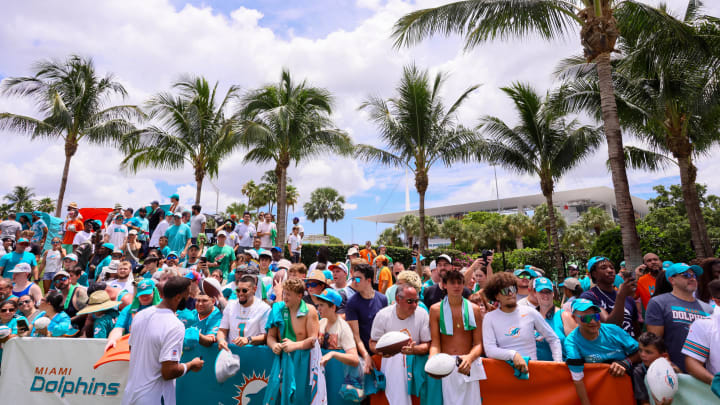 Jul 28, 2024; Miami Gardens, FL, USA; Fans watch the Miami Dolphins during training camp at Baptist Health Training Complex.