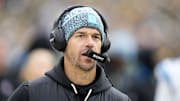 Nov 2, 2025; Green Bay, Wisconsin, USA; Carolina Panthers head coach Dave Canales during the second half against the Green Bay Packers at Lambeau Field. Mandatory Credit: Jeff Hanisch-Imagn Images