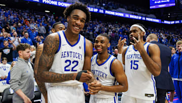 Jan 4, 2025; Lexington, Kentucky, USA; Kentucky Wildcats center Amari Williams (22) and guard Lamont Butler (1) react after winning the game against the Florida Gators at Rupp Arena at Central Bank Center. Mandatory Credit: Jordan Prather-Imagn Images