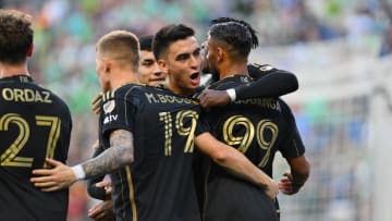 Jul 20, 2024; Seattle, Washington, USA; LAFC forward Denis Bouanga (99) celebrates with teammates after scoring a goal against Seattle Sounders FC in the first half at Lumen Field. Mandatory Credit: Steven Bisig-USA TODAY Sports