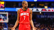 Dec 6, 2025; Dallas, Texas, USA; Houston Rockets forward Kevin Durant (7) reacts after a no call during the third quarter against the Dallas Mavericks at American Airlines Center. Mandatory Credit: Andrew Dieb-Imagn Images