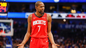 Dec 6, 2025; Dallas, Texas, USA; Houston Rockets forward Kevin Durant (7) reacts after a no call during the third quarter against the Dallas Mavericks at American Airlines Center. Mandatory Credit: Andrew Dieb-Imagn Images