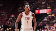 Tallahassee, FL - Florida State Basketball guard Jamir Watkins (1) against the Florida Gators (Nov 14, 2024)