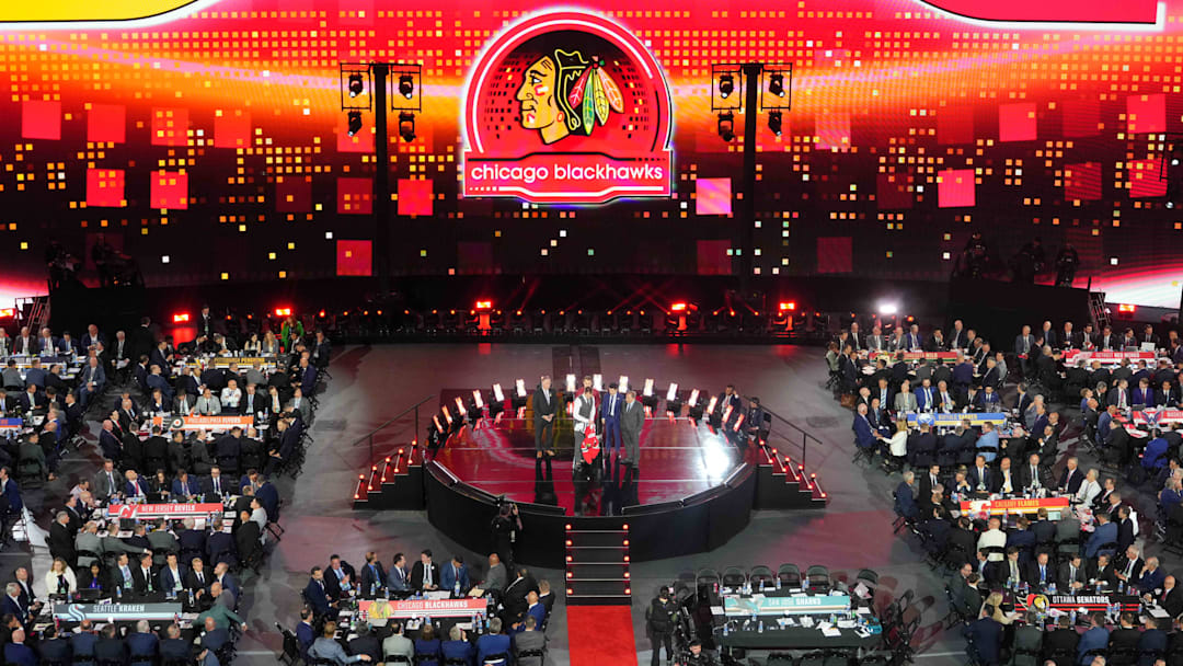 Jun 28, 2024; Las Vegas, Nevada, USA; Artyom Levshunov is selected with the 2nd overall pick of the 2024 NHL Draft by the Chicago Blackhawks at The Sphere. Mandatory Credit: Joe Camporeale-Imagn Images