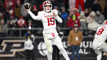 Nov 28, 2025; West Lafayette, Indiana, USA; Indiana Hoosiers quarterback Fernando Mendoza (15) throws a pass during the third quarter against the Purdue Boilermakers at Ross-Ade Stadium. Mandatory Credit: Marc Lebryk-Imagn Images