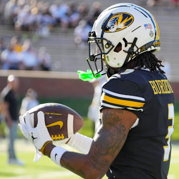 Sep 7, 2024; Columbia, Missouri, USA; Missouri Tigers wide receiver Luther Burden III (3) warms up against the Buffalo Bulls prior to a game at Faurot Field at Memorial Stadium. Mandatory Credit: Denny Medley-Imagn Images