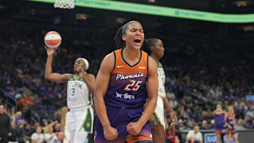 May 17, 2025; Phoenix, Arizona, USA; Phoenix Mercury forward Alyssa Thomas (25) reacts after making a basket against the Seattle Storm during the second half at Footprint Center. Mandatory Credit: Joe Camporeale-Imagn Images