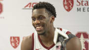 Feb 26, 2025; Stanford, California, USA;  Stanford Cardinal forward Maxime Raynaud (42) reacts during a press conference after defeating the Boston College Eagles at Maples Pavilion. Mandatory Credit: Stan Szeto-Imagn Images