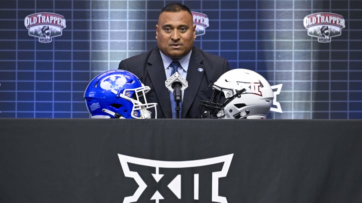 Jul 12, 2023; Arlington, TX, USA; BYU Cougars head coach Kalani Sitake is interviewed during Big 12 football media day at AT&T Stadium. Mandatory Credit: Jerome Miron-USA TODAY Sports