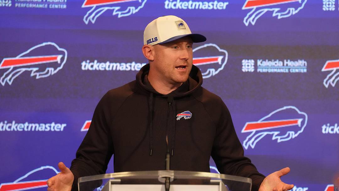 Jun 9, 2026; Orchard Park, NY, USA; Buffalo Bills head coach Joe Brady answers questions during practice press conference. Mandatory Credit: Gregory Fisher-Imagn Images