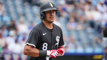 Jul 21, 2024; Kansas City, Missouri, USA; Chicago White Sox shortstop Nicky Lopez (8) runs to first base after walking against the Kansas City Royals during the game at Kauffman Stadium. Mandatory Credit: Denny Medley-Imagn Images