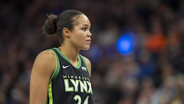 Jun 3, 2025; Minneapolis, Minnesota, USA; Minnesota Lynx forward Napheesa Collier (24) looks on against the Phoenix Mercury in the second half at Target Center. Mandatory Credit: Jesse Johnson-Imagn Images