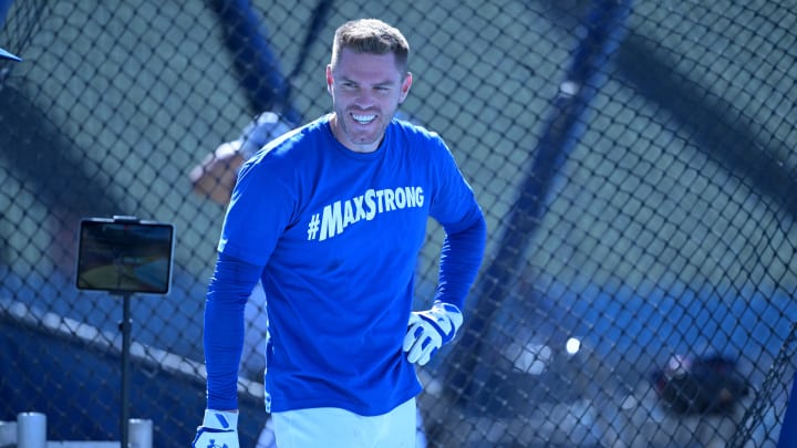 Los Angeles Dodgers first baseman Freddie Freeman (5) during batting practice prior to the game against the Philadelphia Phillies at Dodger Stadium. Dodger players wore #MaxStrong shirts during pregame to honor Max, the 3-year old son of Freeman, who was diagnosed with Guillian-Barre syndrome on Aug 5.