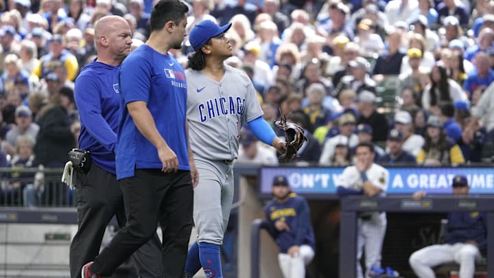 May 4, 2025; Milwaukee, Wisconsin, USA; Chicago Cubs pitcher Shota Imanaga (18) walks off the field after being injured against the Milwaukee Brewers in the sixth inning at American Family Field. May 4, 2025; Milwaukee, Wisconsin, USA; Chicago Cubs pitcher Shota Imanaga (18) walks off the field after being injured against the Milwaukee Brewers in the sixth inning at American Family Field.