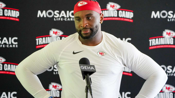 Jul 26, 2024; Kansas City, MO, USA;Kansas City Chiefs defensive end Felix Anudike-Uzomah (97) speaks to the media after training camp at Missouri Western State University. Mandatory Credit: Denny Medley-USA TODAY Sports