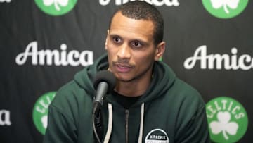 Boston Celtics coach Joe Mazzulla at a press conference at the Crypto.com Arena. Mandatory Credit: Kirby Lee-Imagn Images