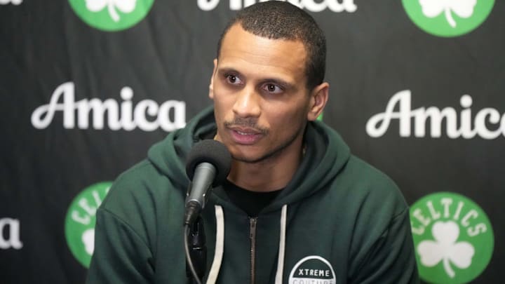 Boston Celtics coach Joe Mazzulla at a press conference at the Crypto.com Arena. Mandatory Credit: Kirby Lee-Imagn Images