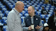 Apr 21, 2024; Los Angeles, California, USA; Los Angeles Clippers owner Steve Ballmer, left, talks with Lawrence Frank, President of Basketball Operations, prior to game one of the first round for the 2024 NBA playoffs against the Dallas Mavericks at Crypto.com Arena. Mandatory Credit: Jayne Kamin-Oncea-Imagn Images