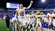 Oct 18, 2025; Lexington, Kentucky, USA; Texas Longhorns defensive back Michael Taaffe (16) celebrates after the game against the Kentucky Wildcats at Kroger Field. Mandatory Credit: Jordan Prather-Imagn Images