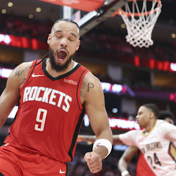 Mar 8, 2025; Houston, Texas, USA;  Houston Rockets forward Dillon Brooks (9) reacts after scoring a basket during the fourth quarter against the New Orleans Pelicans at Toyota Center. Mandatory Credit: Troy Taormina-Imagn Images