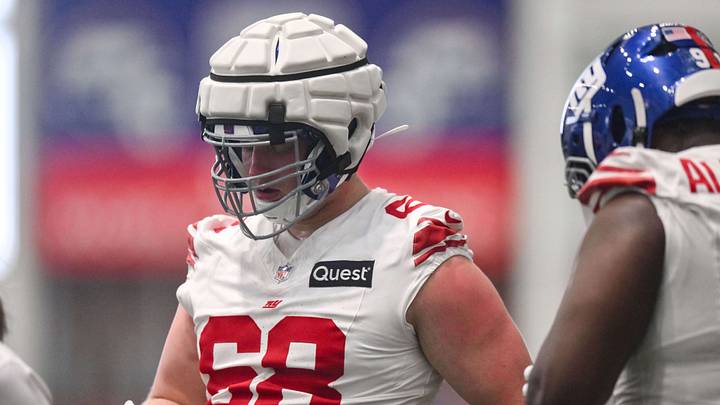 May 21, 2026; East Rutherford, NJ, USA; New York Giants defensive lineman Ben Barten (68) participates in a drill during organized team activities at Quest Diagnostics Training Center. Mandatory Credit: John Jones-Imagn Images