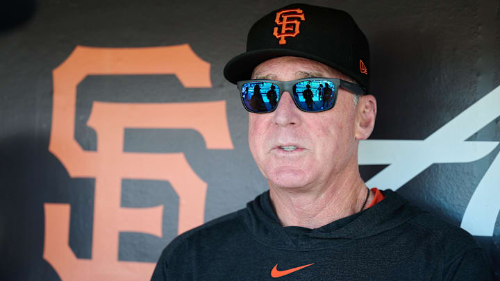 Aug 31, 2024; San Francisco, California, USA; San Francisco Giants manager Bob Melvin (6) speaks with the media in the dugout before the game between the San Francisco Giants and the Miami Marlins at Oracle Park.