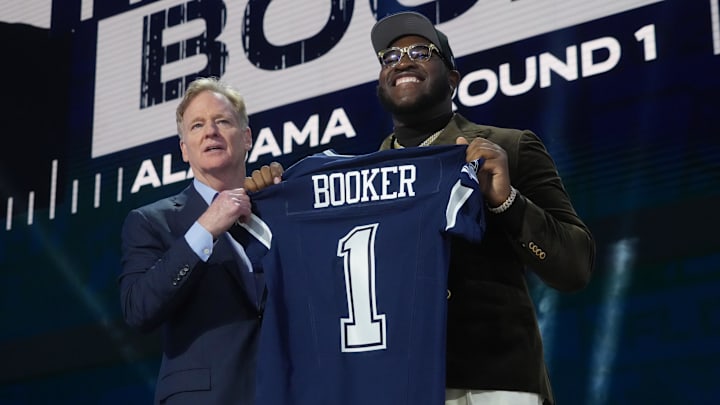 NFL commissioner Roger Goodell with Alabama star Tyler Booker after being chosen by the Dallas Cowboys at the 2025 NFL Draft