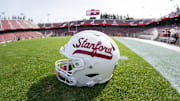 White Stanford helmet with red lettering