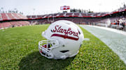 White Stanford helmet with red lettering