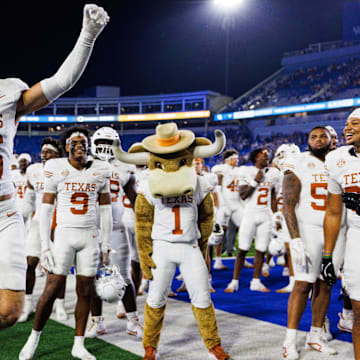 Oct 18, 2025; Lexington, Kentucky, USA; Texas Longhorns defensive back Michael Taaffe (16) celebrates after the game against the Kentucky Wildcats at Kroger Field. Mandatory Credit: Jordan Prather-Imagn Images