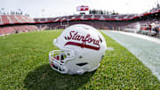 White Stanford helmet with red lettering