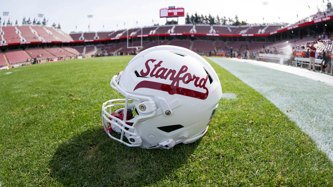 White Stanford helmet with red lettering