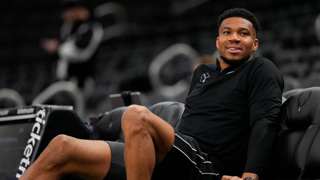 Apr 10, 2026; Milwaukee, Wisconsin, USA;  Milwaukee Bucks forward Giannis Antetokounmpo looks on during warmups prior to the game against the Brooklyn Nets at Fiserv Forum. Mandatory Credit: Jeff Hanisch-Imagn Images