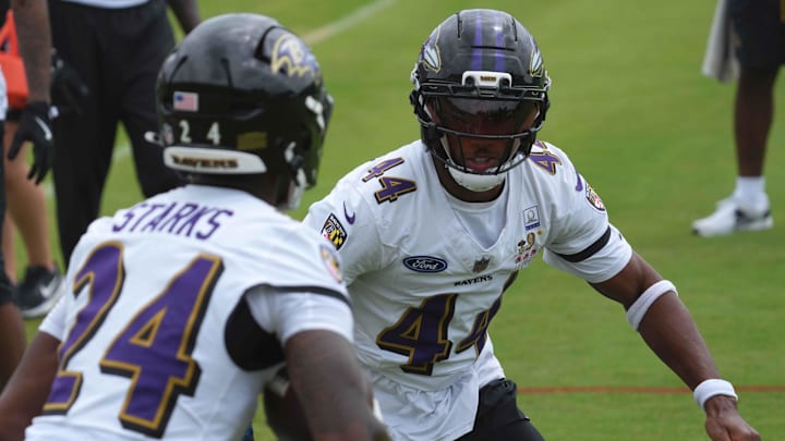 Jul 24, 2025; Owings Mills, MD, USA; Baltimore Ravens cornerback Marlon Humphrey (44) and safety Malaki Starks (24) during training camp drills at the Under Armour Performance Center. Mandatory Credit: Mitch Stringer-Imagn Images Jul 24, 2025; Owings Mills, MD, USA; Baltimore Ravens cornerback Marlon Humphrey (44) and safety Malaki Starks (24) during training camp drills at the Under Armour Performance Center. Mandatory Credit: Mitch Stringer-Imagn Images